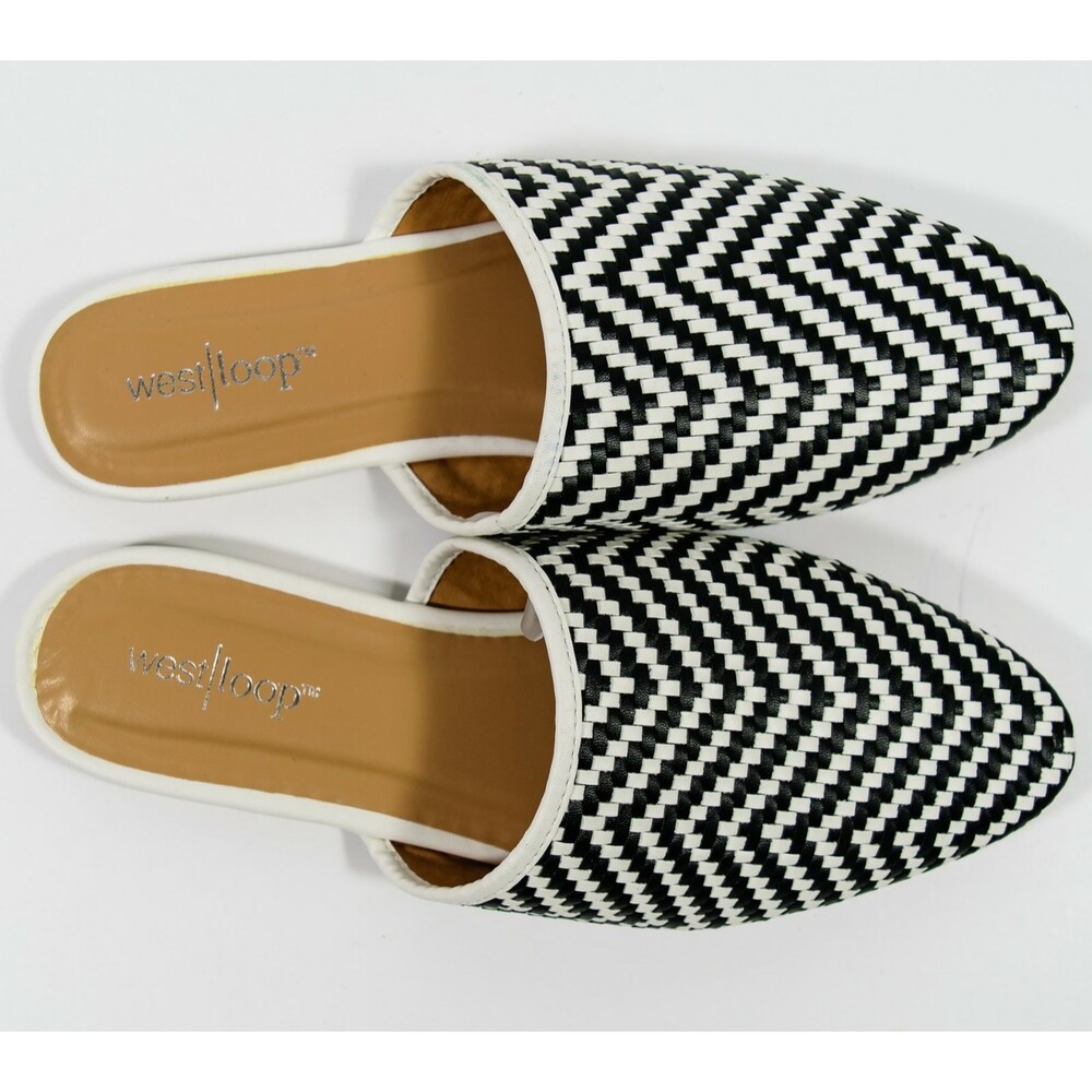 Women's West Loop Black White Woven Faux Leather Flats Open Back Sandals Sz 5-6 - Picture 2 of 3